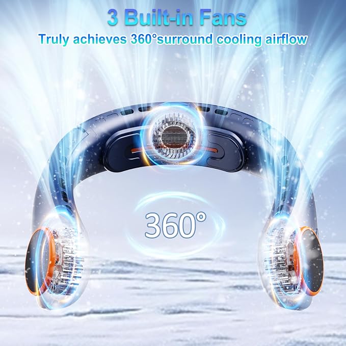 Portable Neck Fan, 5000mAh Bladeless Fan with 3 Built-in Fans, Instant Cooling 360° Surround Airflow & LED Display, Wearable Personal Fan for Outdoor, Travel, Gifts for Women Men (Blue)