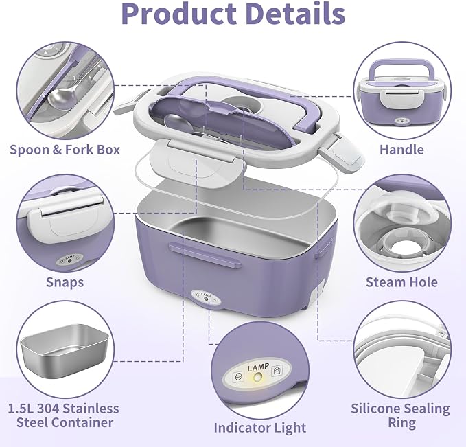 Vingud Electric Lunch Box for Adults, Heated Lunch Box Food Warmer, 80W Portable Heating Lunchbox for Women/Work/Car/Truck, 12/24/110V Lonchera Eléctrica Portátil Christmas White Elephant Gifts,Violet