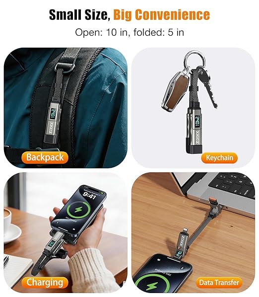 XKCZ Keychain USB C Cable with V/A/W Display, 4 in 1 Charging Cable Combo Type C/USB A/L Port, 240W Fast Charging Short Cable, USB C Keychain Portable Cord for iPhone/iPad/Samsung/Laptop, 8 inches