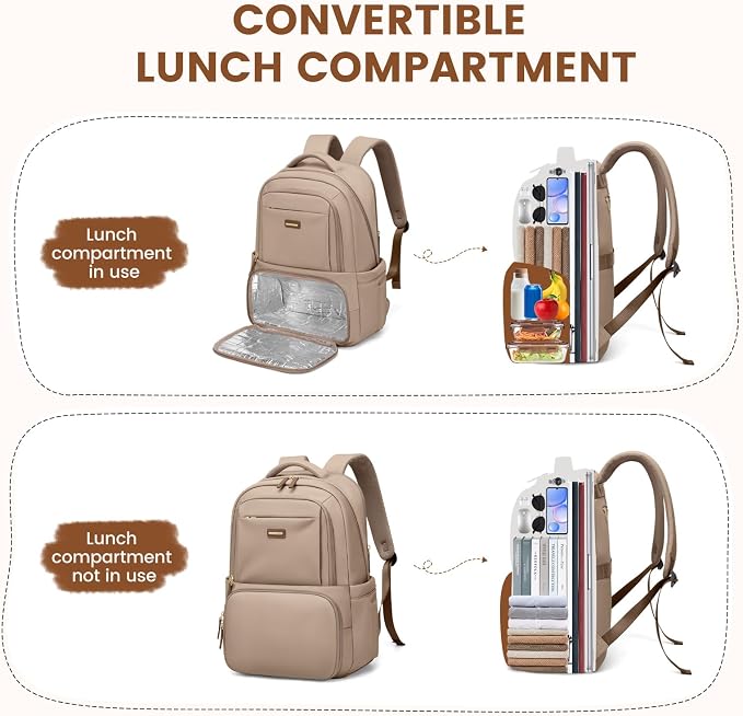 GOLF SUPAGS Lunch Backpack 16 Inch Laptop Backpack with Insulated Cooler Lunch Box Food Bag for College Work Camping Picnics (Champagne)