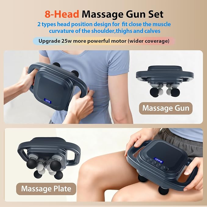 Massage Gun, Deep Tissue Percussion Massager with 9 Intensity Levels for Neck, Back, Shoulders, Legs Pain Relief & Recovery in Office, Family and Traveling (8 Head Massage Gun)