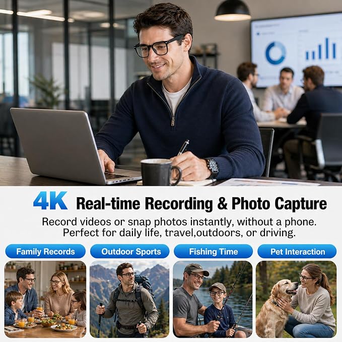 AI Smart Glasses with Camera, 4K HD Video & Photo Capture, Real-Time Translation, Recording Glasses with AI Assistant, Open-Ear Audio, Object Recognition, Bluetooth, for Travel (Transparent Lens)