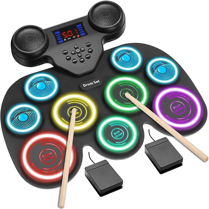 7-Color Dynamic LED Lights Electric Drum Set, 9-Pad Electronic Drum Set Bluetooth MIDI Support, Extra-thick Electric Drum Pads for Better Rebound, Perfect Christmas/Birthday Gift for Kids