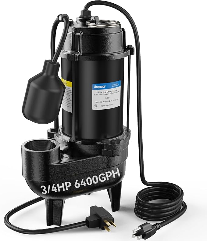 Acquaer 3/4HP Submersible Sewage Effluent Pump, Cast Iron, 115V 6400 GPH Automatic Tethered Float Switch, Sump Pump for Sump Basin, Basement, Residential Sewage, 2'' NPT Discharge