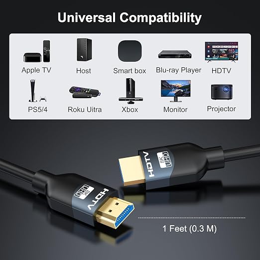 8K Short HDMI 2.1 Cables 1 Foot 5-Pack, High Speed HDMI Gaming Monitor Cable for PS5 TV-8K ARC&eARC HDMI Cord-165/180/240Hz, HDCP2.3, 3D/HDR10 for Soundbar, PS5, PS4, TV, Xbox, Roku, Cinema, Computer