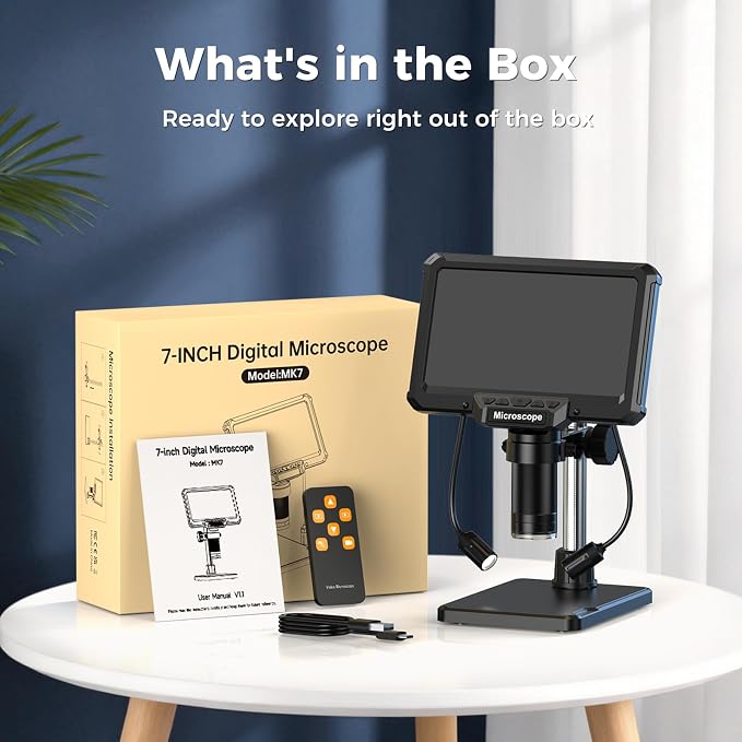 7" Digital Soldering Microscope with Remote for Electronics Repair, 1200X IPS Screen PCB Magnifier, 16M 1080P USB Output, 2 Gooseneck Side Lights for SMD Microsoldering (MK7)