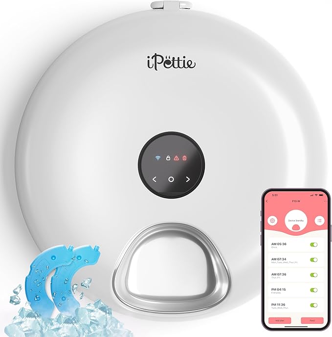 [Stainless Steel Tray Version] iPettie Donut Frost WiFi 6 Meal Automatic Wet Food Feeder with Ice Packs for Senior and Weak Pets, App Control Programmable Timer, Holds 6 x ½ lb. of Food, White
