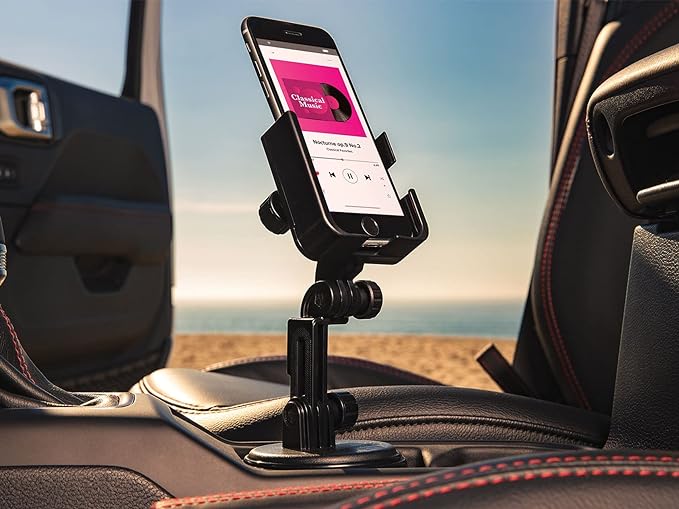 WeatherTech CupFone Two View with Extension – Adjustable, Universal Cup Holder Cell Phone Mount Car & Truck Accessory – Best Design for iPhone & Smartphone Charging – Black Plastic Knobs