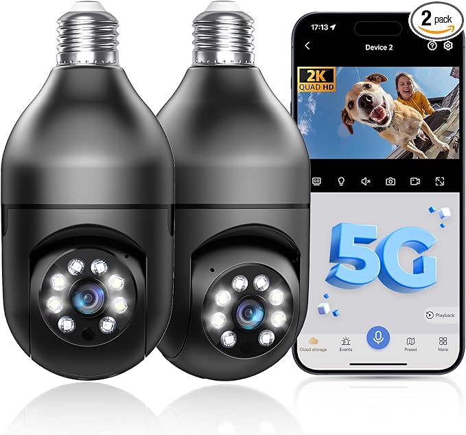 Light Bulb Security Camera 5G/2.4GHz WiFi 2K Lightbulb Security Cameras Wireless Outdoor, 360 Screw in Sight Bulb Motion Detection Siren Alarm Light Socket Camera 2-Way Audio Color Night Vision