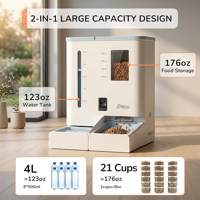 iPettie FW54 Camera Version Automatic Cat Feeder and Water Dispenser, 5G/2.4GHz WiFi App Control, 2K HD Video with Night Vision, Replaceable Water Filter, 300oz Large Capacity for 2 Weeks