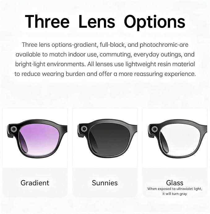 Smart Glasses with Camera, AI Voice Assistant, Real-Time Translation, Open-Ear Speakers, Wireless Charging, Bluetooth, 3 Lenses, for Work and Travel (8, GB)
