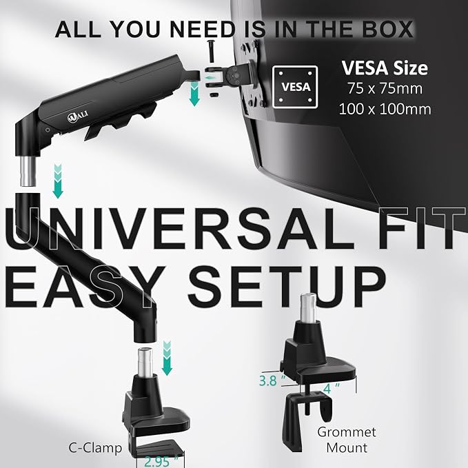 WALI Heavy Duty Single Monitor Arm for 17-49 Inch Flat Curved Ultrawide Screens, up to 33 Lbs, Adjustable Single Monitor Desk Mount for Home Office Gaming, VESA 75/100mm (GSM001XLN), Black