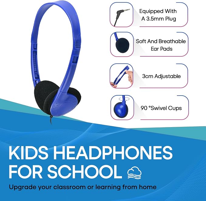 Classroom Headphones Bulk 100 Pack Class Set for School Students Kids and Adult -Sturdy Wired 3.5mm Plug (Blue, 100 Pack)