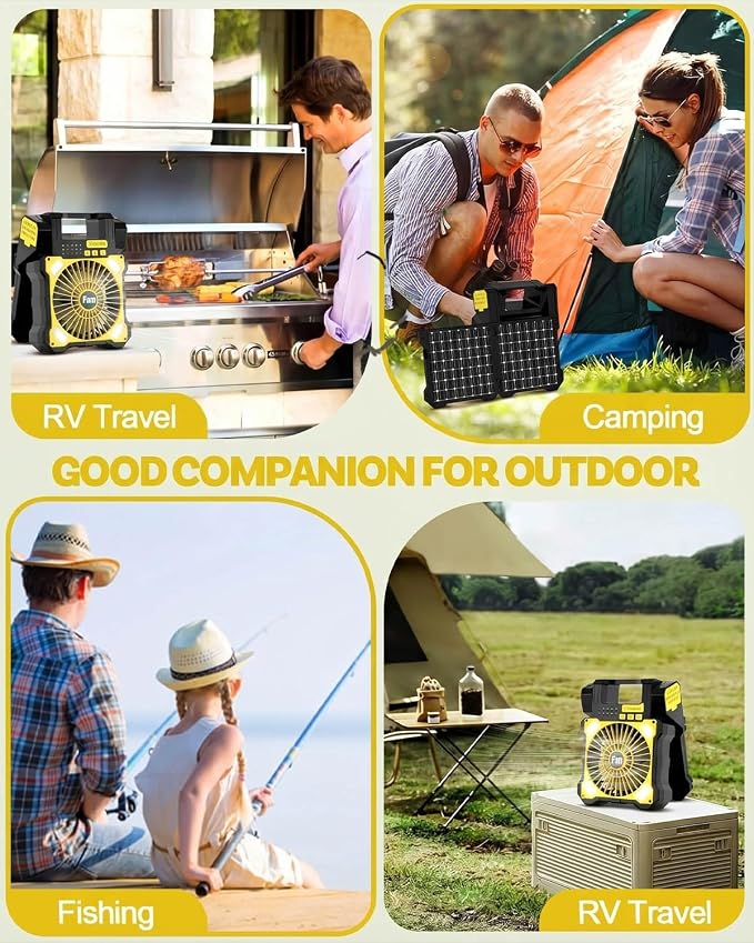 22000mAh Camping Solar Fan, Dual-Panel Rechargeable Solar Powered Fan with LED Light, 5 Adjustable Speeds Battery Powered Portable Fans, USB-C Fans for Travel Tent Home Camping Accessories