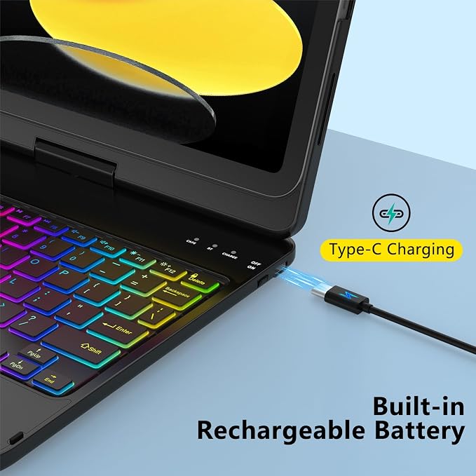 Touch Keyboard Case for iPad A16 11th Generation 2025/10th Generation 10.9 inch 2022,360° Rotatable for iPad 11th Generation Case with Keyboard- 7 Color Backlight Keyboard Case with Pencil Holder