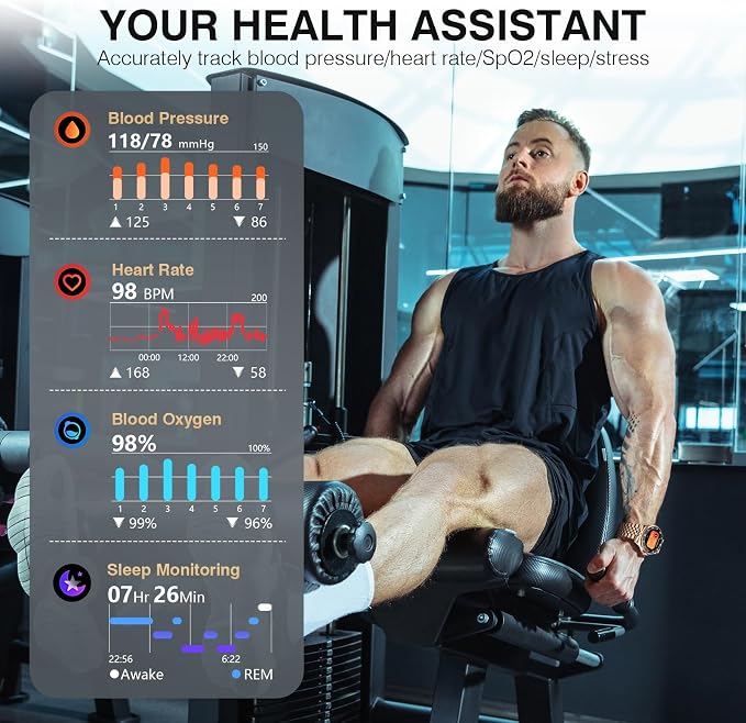 SOUYIE AI Smart Watch for Men, 1.19" AMOLED 44mm, 24/7 Heart Rate Blood Pressure Blood Oxygen Sleep Monitor, 107 Sports Tracker, IP67 Waterproof, Bluetooth Call Voice Assistant, for Android iOS Gold