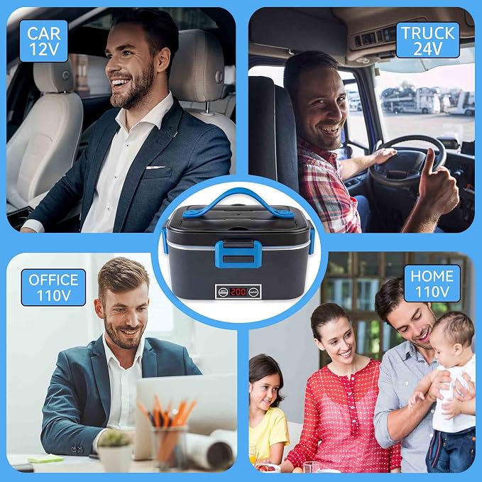 Nifogo Electric Lunch Box for Adults 80W with Temperature Display Heated Lunch Box Food Warmer Lunch Box 1.8L Stainless Steel Container&Bag 12V/24V/110V for Car/Truck/Work(Blue)