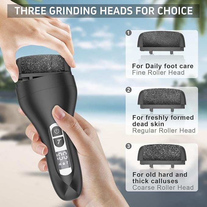 AdamPark Electric Foot File Callus Remover, Rechargeable Pedicure Tools Foot Care Kit, Portable Callus Remover Kit with 3 Roller Heads,2 Speed,Battery Display (Black Z2)