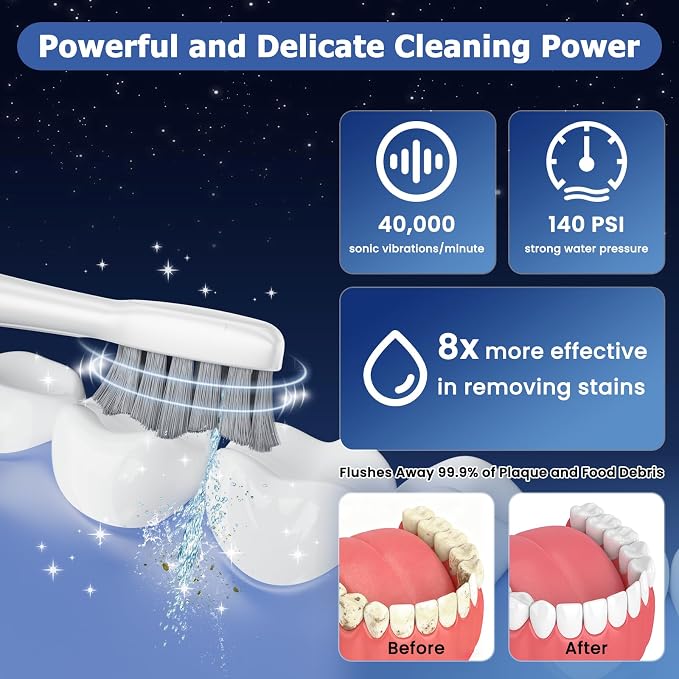 Electric Toothbrush with Water Flosser Combo, 3-in-1 Sonic Flossing Toothbrush and Dental Water Flosser for Teeth Adult Cleaning with 4 Heads, Sensitive, Gum Care, Braces, 500ML-White