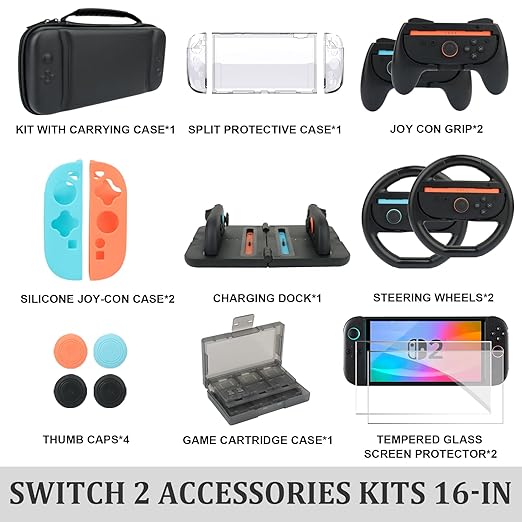 Switch 2 Accessories - 16 in 1 Family Accessory Bundle Kit for Nintendo Switch Carrying Case&Tempered Glass Protector,Joy Con Charger, Gaming Steering Wheels, Grips and More
