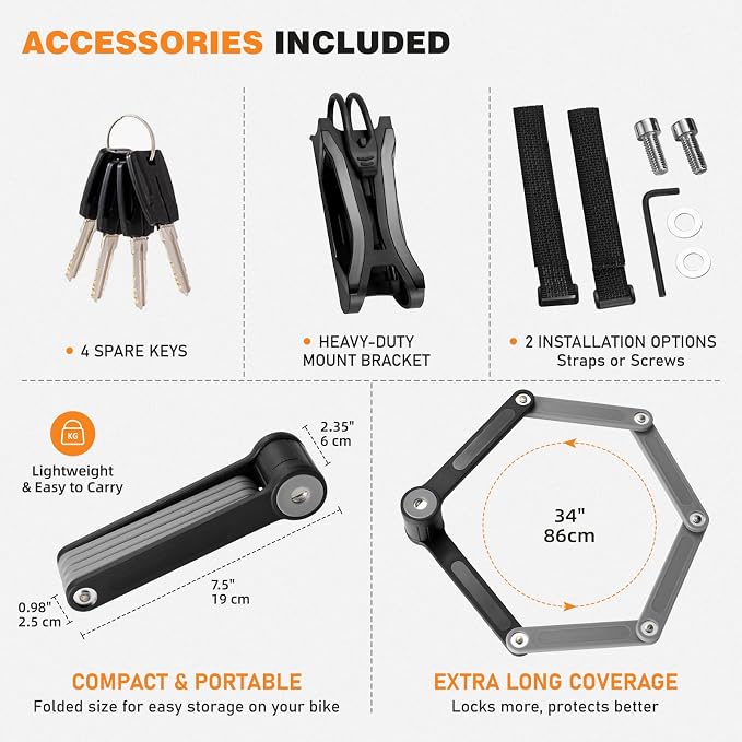 Heavy Duty Folding Bike Lock, 34" Foldable Bicycle Lock with 4 Keys & Mounting Bracket, Alloy Steel Anti Theft Bike Lock for Electric Bike, Scooter & Motorcycle, Portable Security Lock - Gray