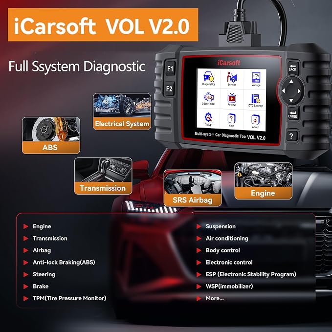 iCarsoft Car Scanner VOL V2.0(2025) OBD2 Scanner Oil Reset/SAS/EPB/BMS/ETC/DPF/ABS Bleeding/Injector Coding/TPMS Service Code Reader for Volvo/Saab, Diagnostic Scan Tool, Auto VIN
