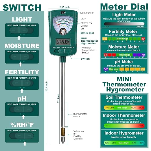 AIKOR 7-in-1 Soil Tester Measures Soil Moisture, pH, Fertility, Light Intensity, Soil Temp, air Temp & Humidity. Pointer & LCD Display. for Garden, Farm, Lawn, Indoor/Outdoor Plant Monitoring.