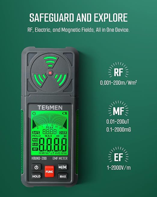 TESMEN EMF Meter, Hound-200 EMF Detector: 3-in-1 Portable Electromagnetic Field Radiation Detector for EF, RF, MF, WiFi Signal, Suitable for Home, Office EMF Inspections and Ghost Hunting - Green