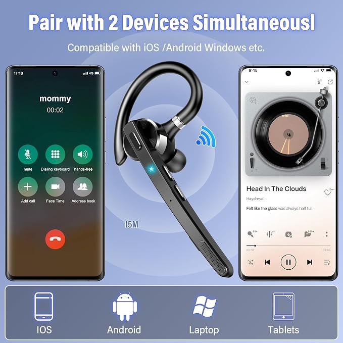 2026 Bluetooth Headset, Wireless Bluetooth 5.3 Earpiece, 90Hrs Single-Ear Headset with APTX HD Audio & Mute Button, Dual Noise Cancelling Mics, Hands Free Headphone for Trucker, Business, Gym, Grey