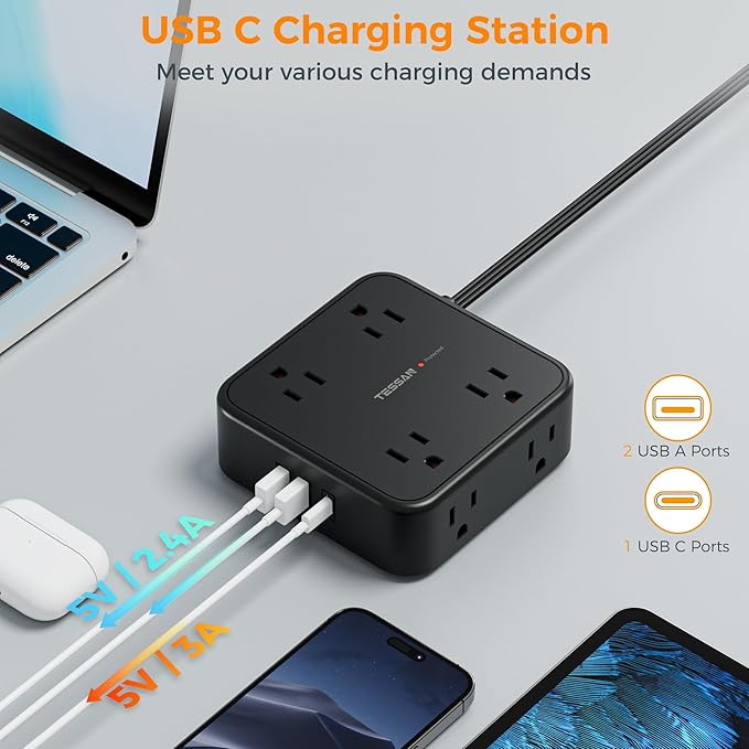 TESSAN Surge Protector Power Strip, 15 Ft Flat Plug Extension Cord with 3 USB (1 USB C) 8 Outlets, 1250W, 900J Protection, 3 Sided Outlet Extender with Power Switch for Office, Dorm Room, Black