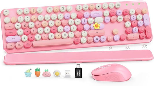 Wireless Keyboard and Mouse Combo, Cute Retro Typewriter Keyboard with Round Keycaps and Magnetic Wrist Rest, Full-Size 2.4GHz Cordless for Mac, Windows PC, Laptop, SABLUTE CK23, Pink Multi-Color