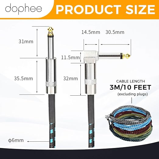 dophee 6 Pack 10ft Guitar Cable, 1/4" TS Port Instrument Bass AMP Cord for Electric Mandolin Piano Keyboard Mixer Amplifier Speaker Pro Audio (Right Angle to Straight, Multicolored)