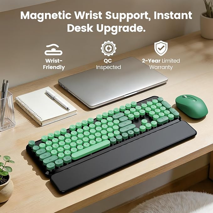 Wireless Keyboard and Mouse Combo with Magnetic Wrist Rest, Round Keycaps, Full-Size Retro Typewriter-Style Keyboard, Tilt Legs, Auto-Sleep, 2.4GHz Wireless for Windows PC Laptop, Forest Green & Black