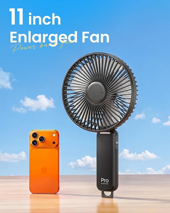 6-Inch Large Handheld Fan, 6000mAh Portable Rechargeable Fan with LED Battery Display & 10H Runtime, 180° Foldable Quiet USB-C Fan, 5 Speeds Brushless Motor for Travel Office Outdoor Makeup