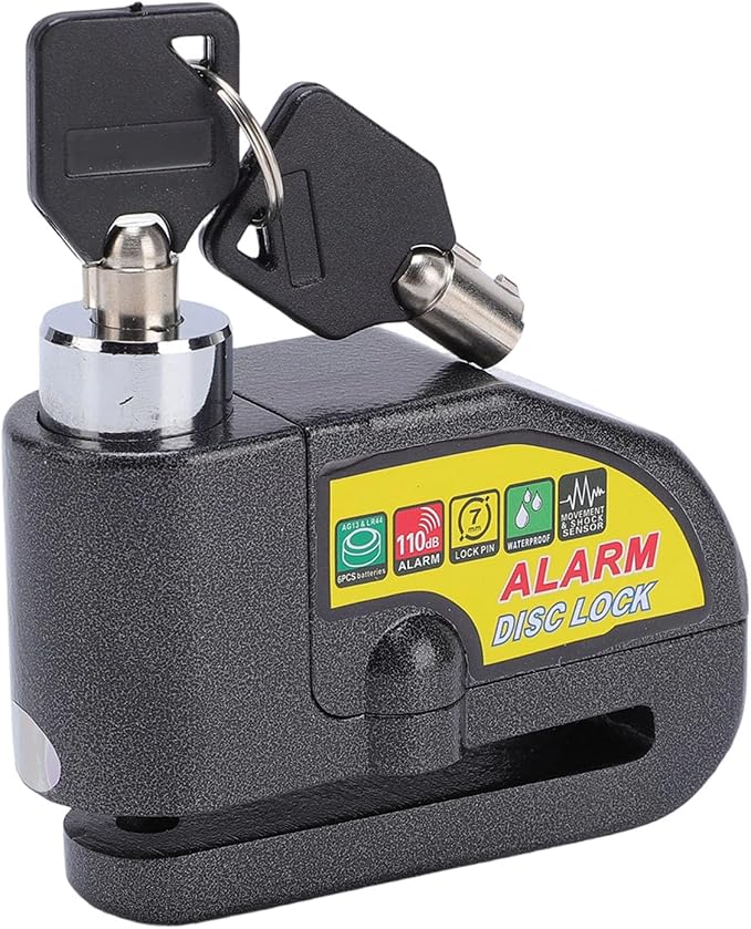 Asixxsix Alarm Disc Brake Lock, Anti Theft Security Wheel Lock with 110dB Alarm & 2 Keys, IP65 Water Proof, 5ft Reminder Cable, for Motorbikes Bikes Scooters