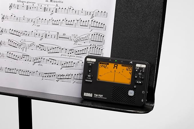 Korg TM-70C Tuner and Metronome w/ Contact Mic, Sound Out Mode, Transpose Mode, and Chromatic Mode - Black