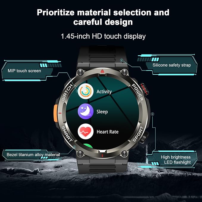 Military Tactical Smart Watches for Men, 1.45" Smart Watch for Android and iPhone, Fitness Tracker Watch with Compass & Flashlight/30-Day Battery/IP68 Waterproof/Heart Rate/120+ Sport Modes(2 Straps)
