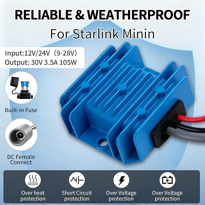 Guhiwk Starlink Mini 12V Adapter, Starlink Mini DC Step Up Converter 9V-28V to 30V 3.5A with Female Power Cord, Starlink-Mini Power Supply for RV, Truck, Marine, Camping&Off-Grid (Blue)