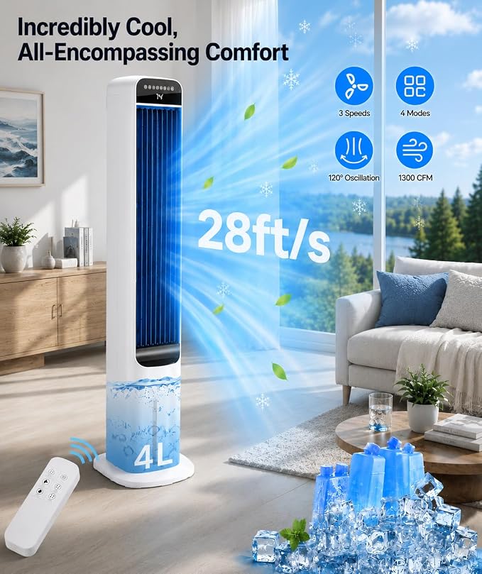 Uthfy 41 Inch Portable Air Conditioners, 3-in-1 Swamp Cooler Air Conditioner with 120° Oscillation, 4 Modes, 3 Speeds,4L Water Tank,4 Ice Packs, Cooling Fans that Blow Cold Air with Remote
