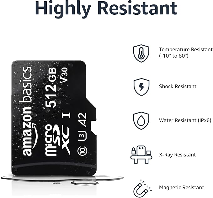 Amazon Basics microSDXC Memory Card with Full Size Adapter, A2, U3, Read Speed up to 100 MB/s, 512GB, Black