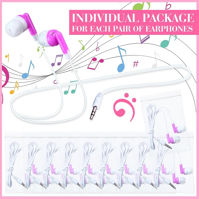Konohan 100 Pcs Bulk Earbuds with Wire Basic Headphones in Ear for Libraries Laptop, No Microphone 3.5 mm Jack Earbuds Dot Headphones, Individually Bagged (Pink)