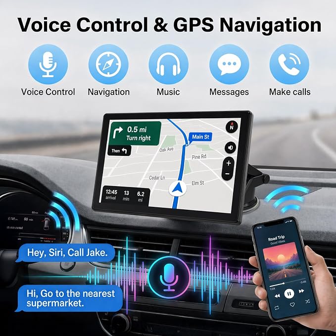 9 Inch Carplay Screen for Car, Wireless CarPlay & Android Auto | Portable Touchscreen with Bluetooth, FM, Mirror Link, Voice Control, GPS Navigation, Hands-Free Calling, Plug & Play