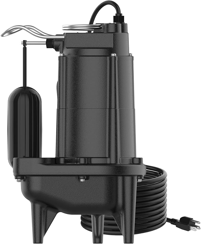 1/2 HP Sewage Pump, Cast Iron Effluent Pump, Automatic Float Switch, Sewage Sump Pump for Sump Basin, Basement, Residential Sewage, 2'' NPT Discharge, Dark