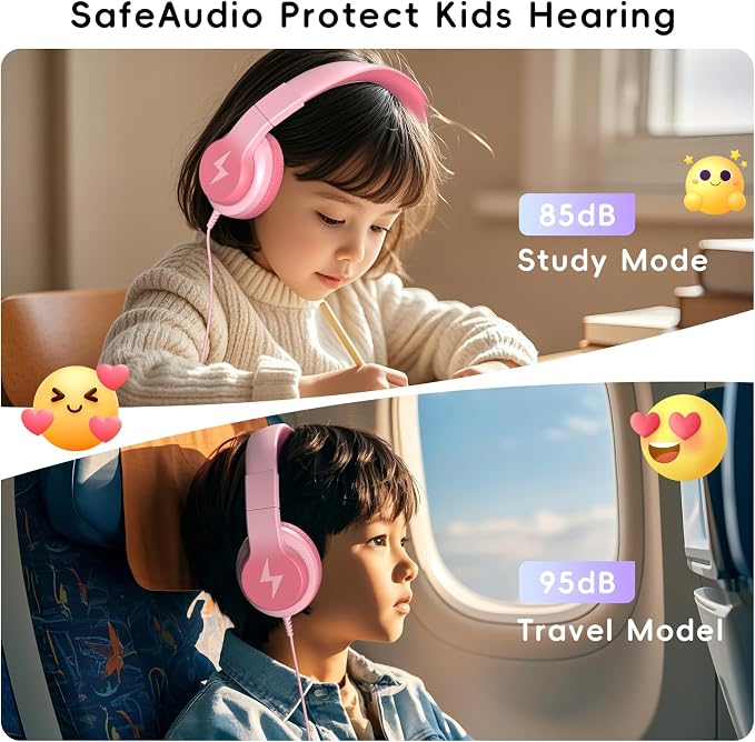 Candy Bila Kids Headphones, Wired Headphones for Kids Over Ear with Microphone, Foldable Headphone for Learning & Entertainment, Light Pink