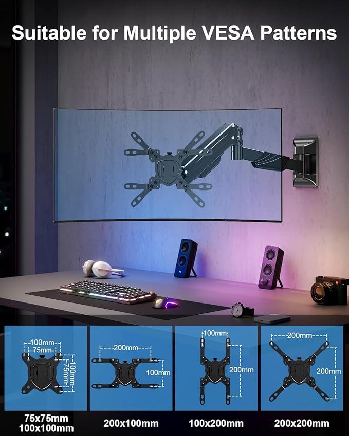 MOUNTUP Monitor Wall Mount for 22-43 Inch Curved Screens, Holds 2.2 to 33.1 lbs, Ultrawide Computer Monitor Wall Mount, Heavy Duty Wall Monitors Arm, 75x75 mm to 200x200 mm Vesa Mounts