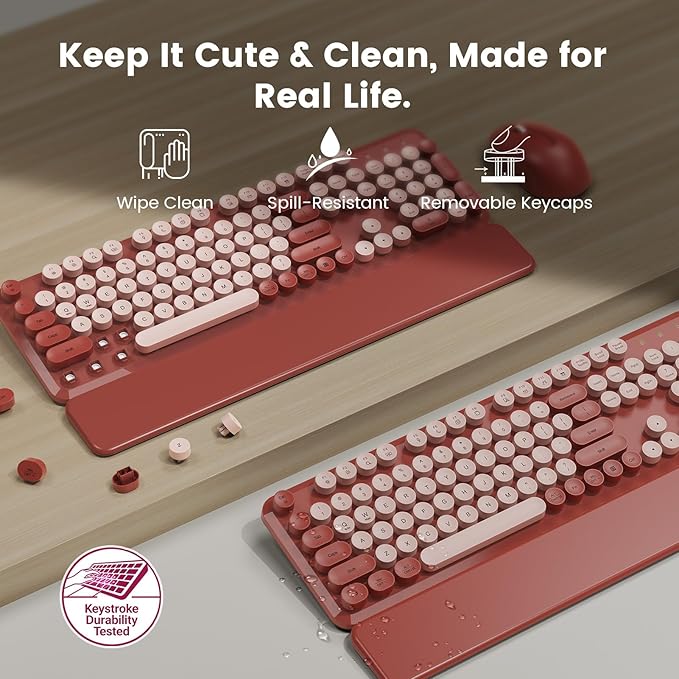 Wireless Keyboard and Mouse Combo with Magnetic Wrist Rest, Round Keycaps, Full-Size Retro Typewriter-Style Keyboard, Two-Stage Tilt Legs, Auto-Sleep, 2.4GHz Wireless for Windows PC Laptop, Wine Red