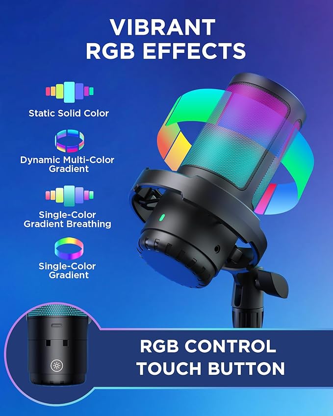 InnoGear USB Gaming Microphone Set, Noise Cancellation Condenser Mic with Boom Arm RGB Mute Headphones Jack for Streaming Podcasting Recording Vocal PC Computer YouTube Discord PS4 PS5, Black