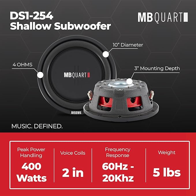 MB Quart DS Inch Shallow Space Saving Slim Subwoofer Car Speakers with Dual Voice Coil for Vehicle Sounds Audio Systems, Black