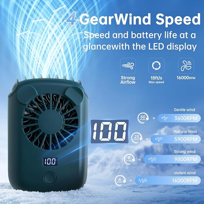 2025 AI portable neck hanging fan can charge mobile phones, 4-speed, powerful turbo airflow, with lighting, personal chest fan can work for up to 50 hours, hands-free neck wearable and portable
