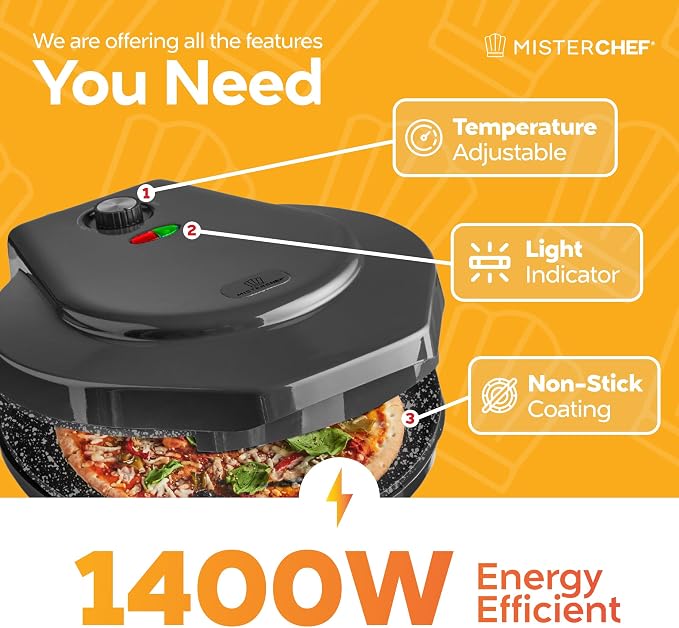MisterChef Countertop Pizza Maker, 1450W Mini Pizza Oven, Pizza Maker Oven With 12″ Non-Stick Ceramic Plate, Indoor Electric Pizza Oven for Crepes, Pancakes - Black